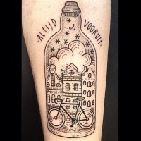 Nice black ink big old bottle tattoo on forearm stylized with night city and bicycle