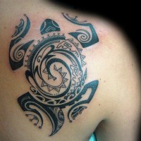 Nice black ink polynesian turtle tattoo on shoulder blade