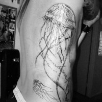 Tatuaje en las costillas, medusa grande de líneas negras
