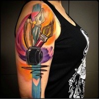 Nice colored illustrative style shoulder tattoo of pencil with pen and brush