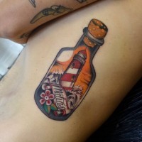 Nice colored little bottle tattoo on side stylized with lighthouse and lettering