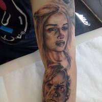 Nice colored natural looking various Game of Thrones heroes portraits tattoo on sleeve area