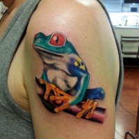 Nice colorful frog tattoo on half sleeve