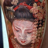 bellissimo ritratto detagliato acquerello di geisha tatuaggio