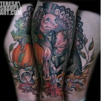 Nice fairy tale like colored pig family tattoo combined with pumpkin and candle