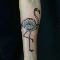 Nice forearm black and white tattoo of flamingo