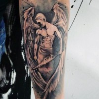 Nice looking abstract black and white angel tattoo on forearm with burning sword