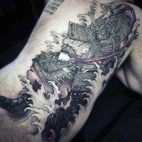 Nice looking cartoon like black and white arm tattoo of samurai warrior