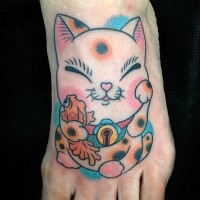 Nice looking cartoon like foot tattoo of smiling maneki neko japanese lucky cat with carp fish