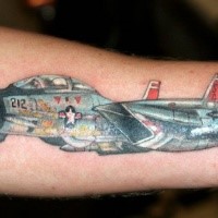 Nice looking colored arm tattoo of modern fighter plane