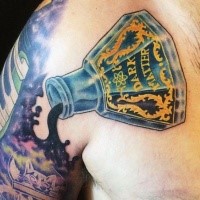 Nice looking colored black ink bottle tattoo on chest