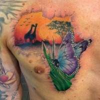 Nice looking colored chest tattoo of Africa map part with giraffe with butterfly