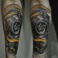 Nice looking colored forearm tattoo of old divers suit with skeleton