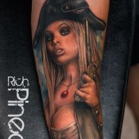 Nice looking colored forearm tattoo of sexy woman pirate with pistol