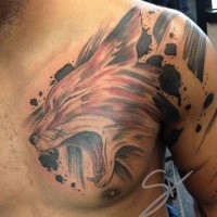 Nice looking colored illustrative style chest tattoo of fox head