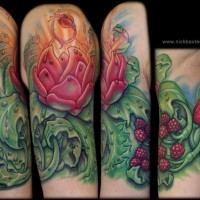 Nice looking colored shoulder tattoo of glowing flower with berries
