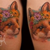 Nice looking colored shoulder tattoo of fox head with flowers