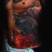 Nice looking colored side tattoo of big crow with dark forest