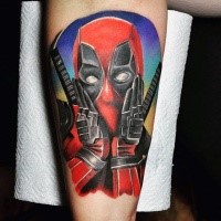 Nice looking colored sweet Deadpool tattoo on leg