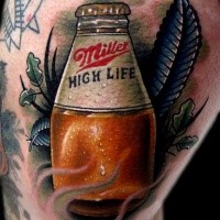 Nice looking colored thigh tattoo of lifelike bottle with leaves