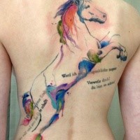 Nice looking colored whole back tattoo of big horse with lettering