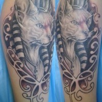 Nice looking detailed Egypt cat tattoo on leg zone