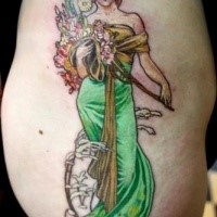 Nice looking illustrative style thigh tattoo of beautiful woman with flowers