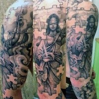 Nice looking puzzle picture like black ink sleeve tattoo of Justice statue