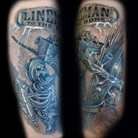Nice modern style colored arm tattoo of lineman with lettering