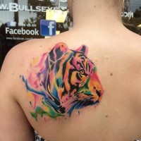 Nice multicolored natural looking tiger tattoo on shoulder