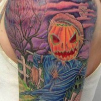 Nice old cartoons like colored scarecrow with mystical night sky tattoo on shoulder
