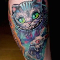 Nice painted and colored Alice in wonderland heroes tattoo on leg