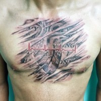 Nice painted and colored big heart rhythm with lettering tattoo on chest