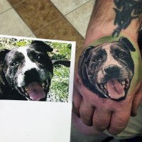 Nice painted and colored cute dog portrait tattoo on hand