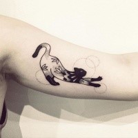 Nice painted black ink arm tattoo of cat with flowers