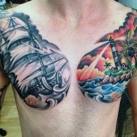 Schön gemalter im Illustration Stil farbiger Leuchtturm mit Segelschiff Tattoo auf der Brust