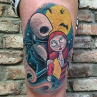 Nice painted multicolored monster couple tattoo on thigh with yellow moon