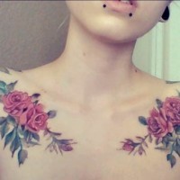 Tatuaggio simpatico sulle clavicole e sui bracci le rose rosa