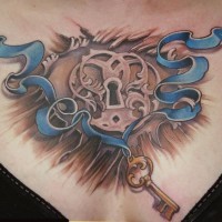Nice vintage looking old lock tattoo on chest with key and blue ribbon