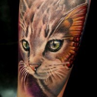 Tatuaggio colorato sul braccio il gatto by Moni Marino