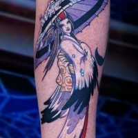 Old Asian cartoon colored forearm tattoo of angelic woman with umbrella