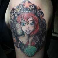 Old cartoon Ariel mermaid portrait tattoo on upper arm