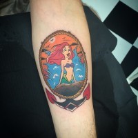 Old cartoon Ariel mermaid tattoo on forearm stylized with anchor and rope
