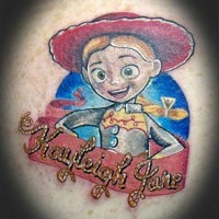 Old cartoon like colored funny woman cowboy tattoo with lettering