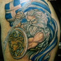 Old cartoon like colored Zeus with lightning and flag tattoo