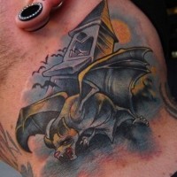 Old cartoon like colorful vampire bat tattoo on neck with old bell tower