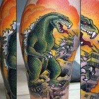 Tatuaje  en la pierna, Godzilla furioso en la ciudad destruida