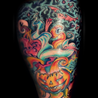 Tatuaje en la pierna, tema multicolor de Halloween de comics