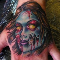 Old cartoon style colored hand tattoo of zombie woman portrait