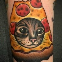 Old cartoon style colored tattoo of pizza slice and cat